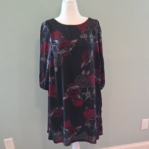 Maurices Size 1 (16/18) Blsck With Red Floral A-line Dress with Bishop Sleeves